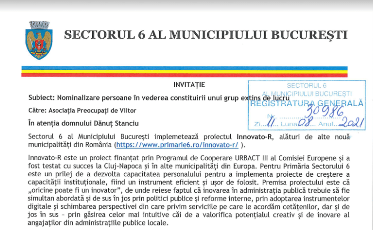 Read more about the article Solicitare pentru dezvoltare grup de iniţiativă locală Asociaţia Preocupaţi de Viitor – Primăria Sectorului 6, Bucureşti